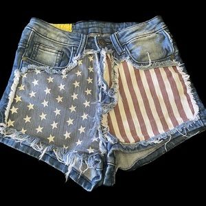 American Flag distressed frayed jean shorts boho freebird 4th of July BBQ ride